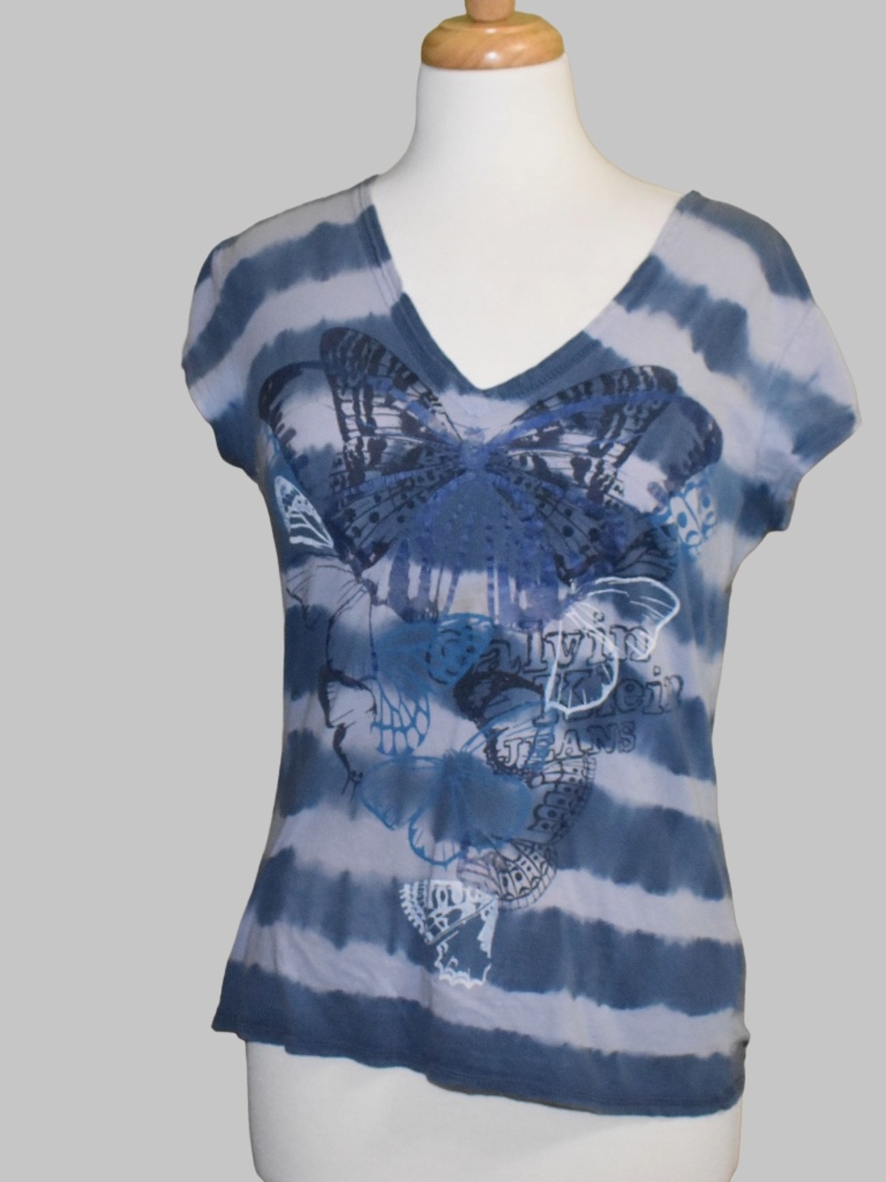 Calvin Klein Jeans Y2K Butterfly Graphic Striped V-Neck Tee - Size M